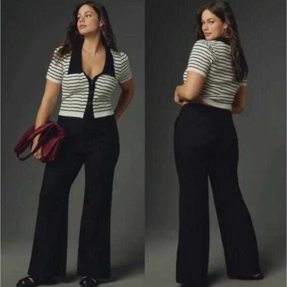 ANTHROPOLOGIE x MAEVE Naomi Wide Leg Flare Pants Linen Blend Black Sz 14 {MM16}